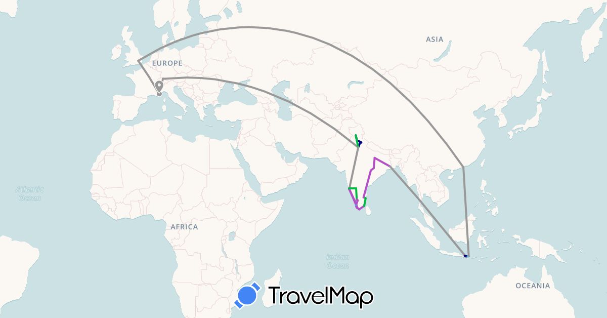 TravelMap itinerary: driving, bus, plane, cycling, train, hiking, boat in Switzerland, France, United Kingdom, Hong Kong, Indonesia, India (Asia, Europe)